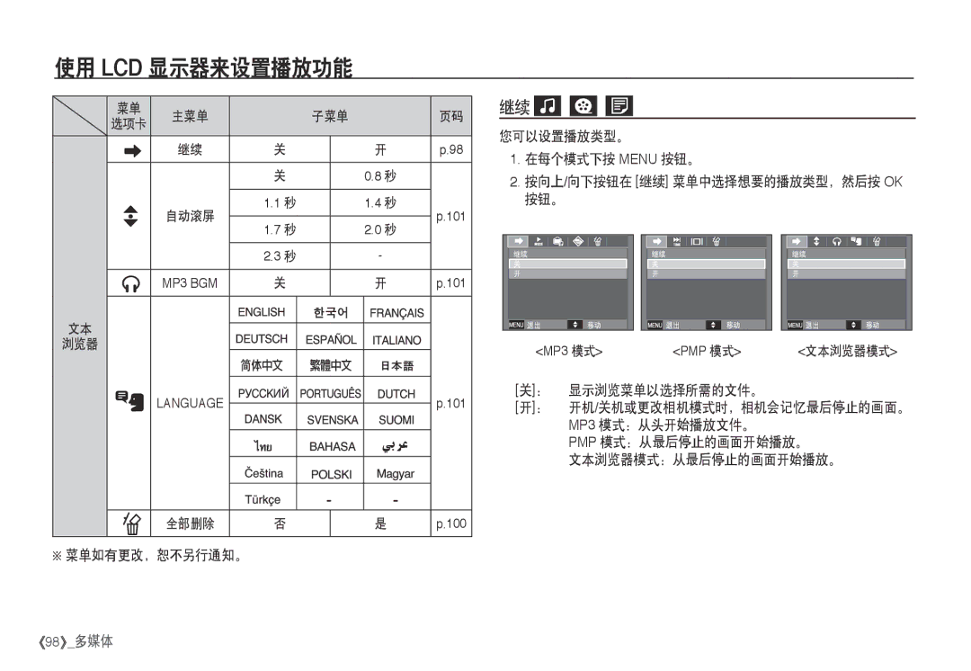 Samsung EC-I80ZZSDA/E3, EC-I80ZZSBA/FR 您可以设置播放类型。 在每个模式下按 Menu 按钮。, 显示浏览菜单以选择所需的文件。, MP3 模式：从头开始播放文件。 PMP 模式：从最后停止的画面开始播放。 