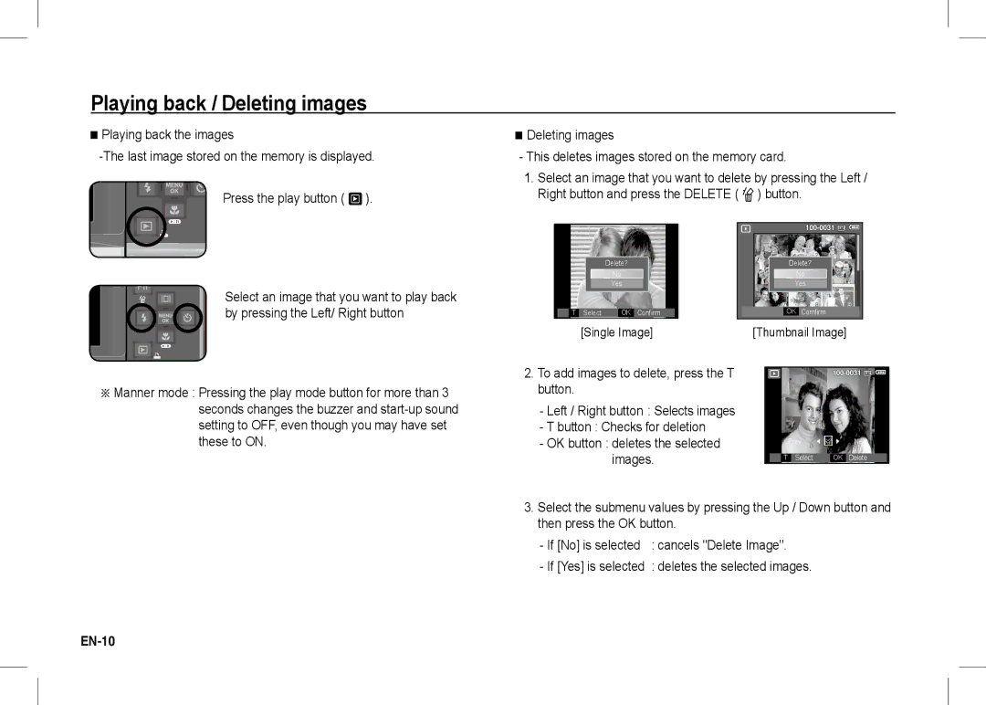 Samsung EC-I80ZZSBB/E1, EC-I80ZZSBA/FR, EC-I80ZZBBA/FR, EC-I80ZZSBA/E2 Playing back / Deleting images, EN-10, Single Image 