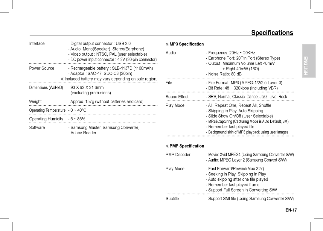 Samsung EC-I80ZZBAA, EC-I80ZZSBA/FR, EC-I80ZZBBA/FR, EC-I80ZZSBA/E2, EC-I80ZZBBA/E2 manual MP3 Specification, PMP Specification 