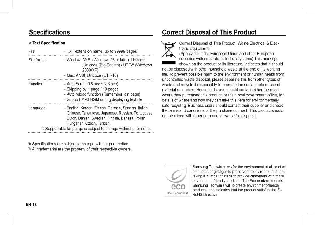 Samsung EC-I80ZZBBA/AR, EC-I80ZZSBA/FR, EC-I80ZZBBA/FR manual Correct Disposal of This Product, Text Specification, EN-18 