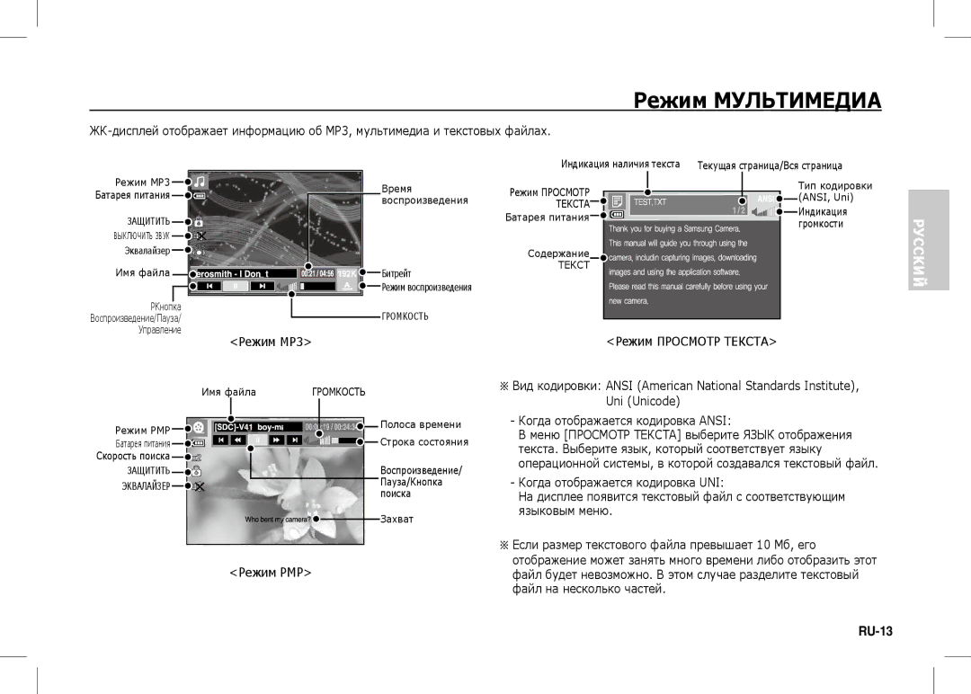 Samsung EC-I80ZZBBB/AS, EC-I80ZZSBA/FR, EC-I80ZZBBA/FR, EC-I80ZZSBA/E2 RU-13, Режим Просмотр Текста Режим MP3, Режим PMP 