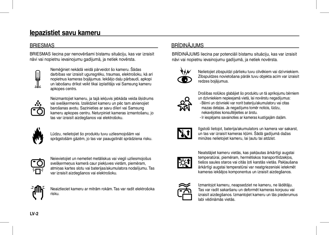 Samsung EC-I80ZZSBA/CA, EC-I80ZZSBA/FR, EC-I80ZZBBA/FR manual Briesmas, Ir iespējams savainoties ar kameras kustīgajām daļām 