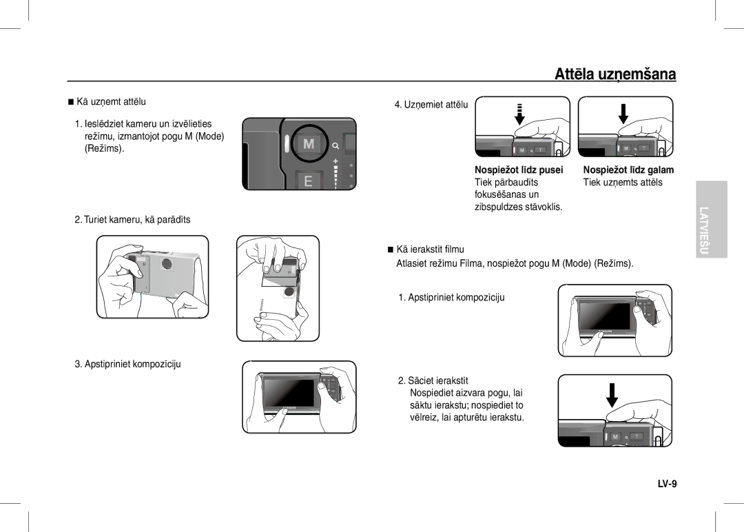 Samsung EC-I80ZZSBA/FR Attēla uzņemšana, Uzņemiet attēlu, Nospiežot līdz pusei Nospiežot līdz galam, Kā ierakstīt filmu 