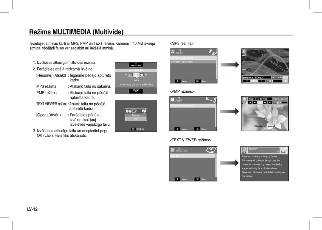 Samsung EC-I80ZZBBA/E2, EC-I80ZZSBA/FR LV-12, PMP režīms, Apturētā kadra, Open Atvērt Parādīsies pārlūka Izvēlne, kas ļauj 