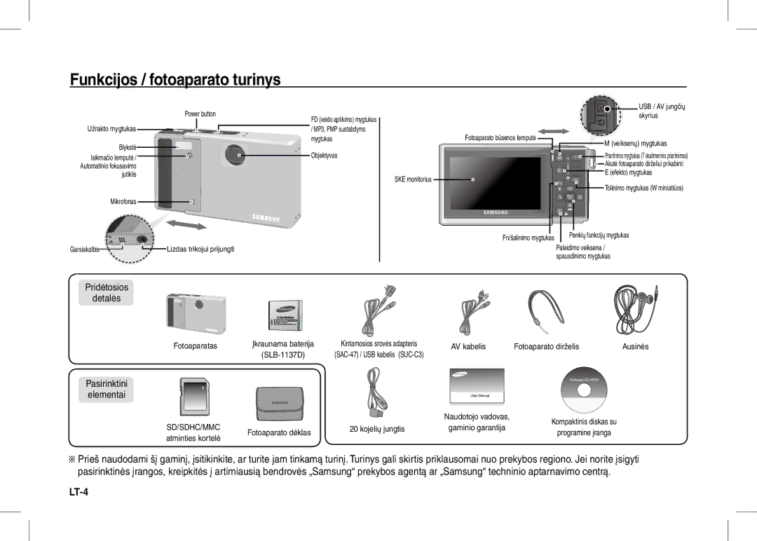 Samsung EC-I80ZZSBA/MX, EC-I80ZZSBA/FR manual Funkcijos / fotoaparato turinys, Pridėtosios Detalės, Pasirinktini elementai 