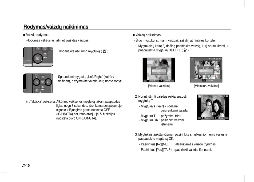 Samsung EC-I80ZZBDC/AS, EC-I80ZZSBA/FR Rodymas/vaizdų naikinimas, Norint ištrinti vaizdus reikia spausti mygtuką T, LT-10 