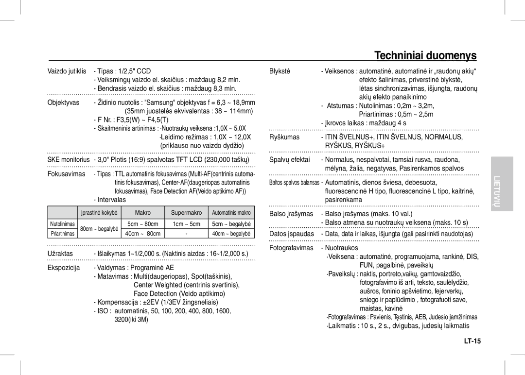 Samsung EC-I80ZZBBA/US, EC-I80ZZSBA/FR, EC-I80ZZBBA/FR, EC-I80ZZSBA/E2, EC-I80ZZBBA/E2, EC-I80ZZBAA Techniniai duomenys, LT-15 