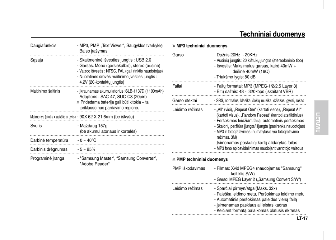 Samsung EC-I80ZZBBA/E1, EC-I80ZZSBA/FR, EC-I80ZZBBA/FR, EC-I80ZZSBA/E2 manual MP3 techniniai duomenys, PMP techniniai duomenys 