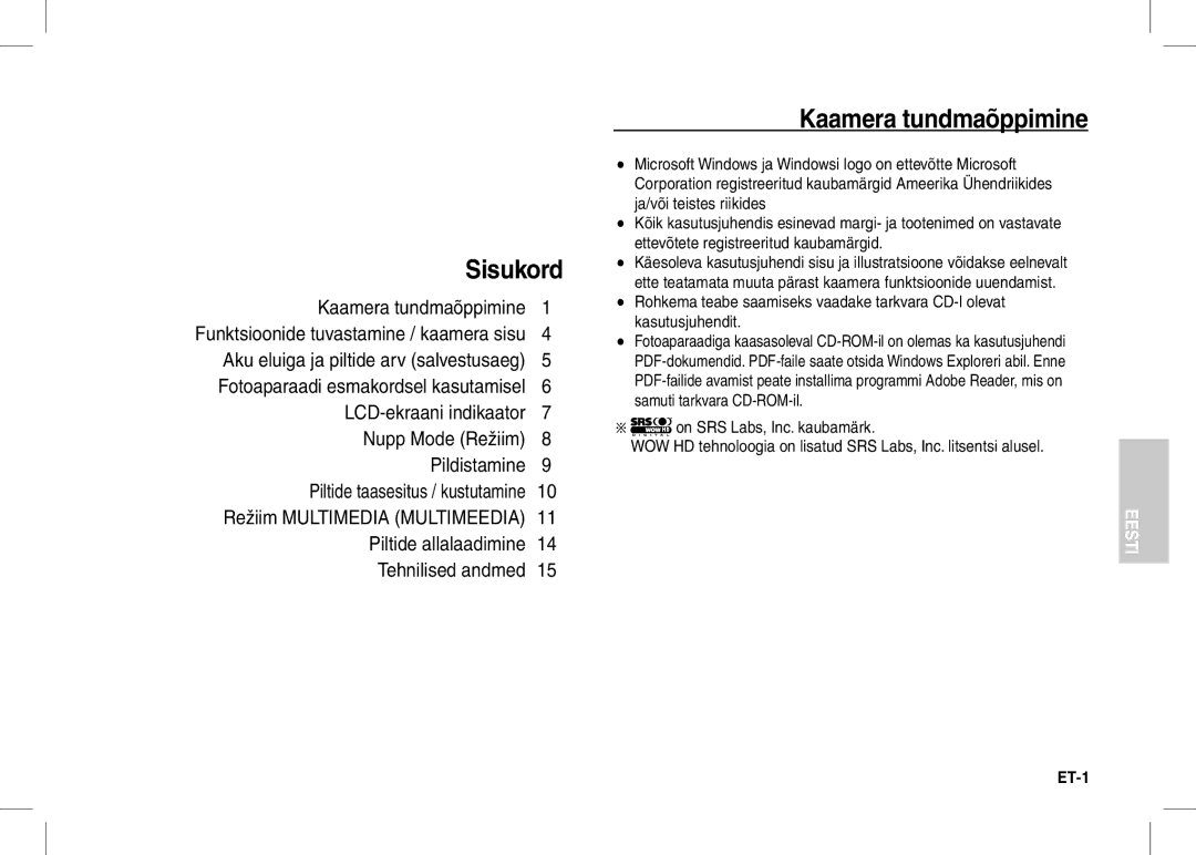 Samsung EC-I80ZZBBA/MX, EC-I80ZZSBA/FR, EC-I80ZZBBA/FR, EC-I80ZZSBA/E2, EC-I80ZZBBA/E2 Sisukord, Kaamera tundmaõppimine, Et- 