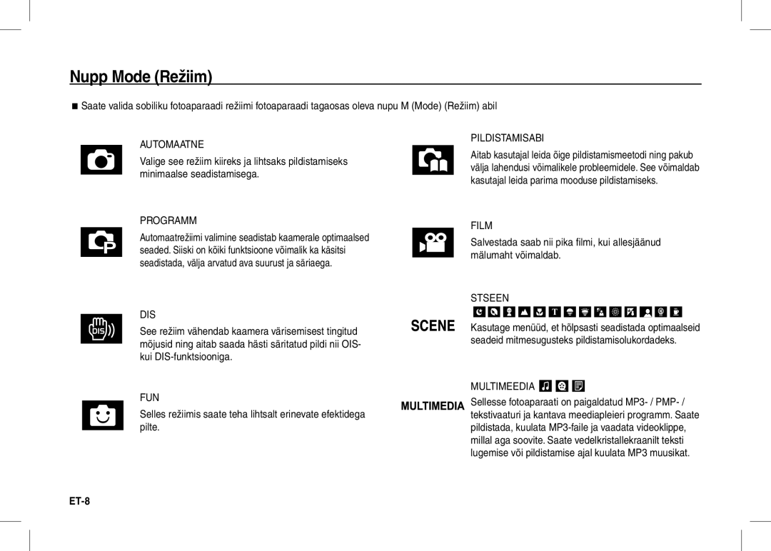 Samsung EC-I80ZZBBA/GB, EC-I80ZZSBA/FR, EC-I80ZZBBA/FR, EC-I80ZZSBA/E2, EC-I80ZZBBA/E2, EC-I80ZZBAA Nupp Mode Režiim, Programm 