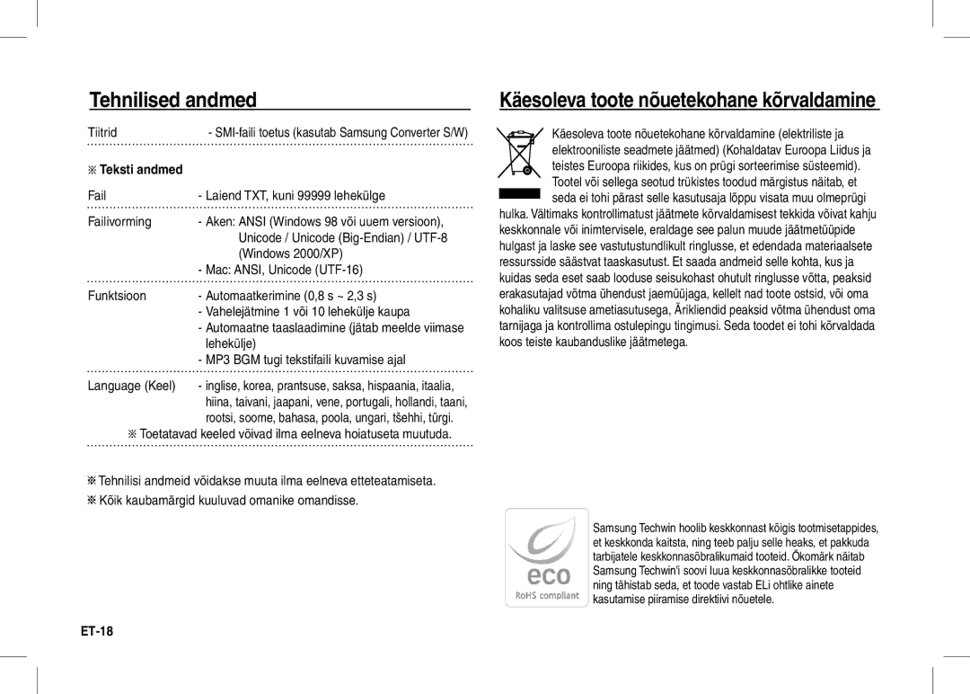 Samsung EC-I80ZZSDC/AS, EC-I80ZZSBA/FR, EC-I80ZZBBA/FR manual Käesoleva toote nõuetekohane kõrvaldamine, Teksti andmed, ET-18 