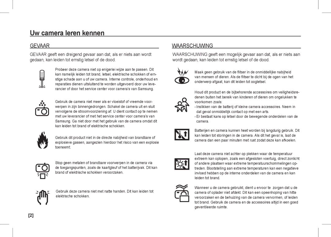 Samsung EC-I80ZZBBA/E2, EC-I80ZZSBA/FR, EC-I80ZZBBA/FR, EC-I80ZZSBA/E2, EC-I80ZZBDA/E3, EC-I80ZZSDA/E3 Gevaar, Waarschuwing 