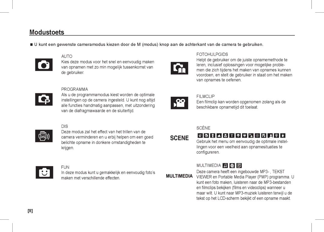 Samsung EC-I80ZZBBA/IT, EC-I80ZZSBA/FR, EC-I80ZZBBA/FR, EC-I80ZZSBA/E2 manual Modustoets, Fotohulpgids, Filmclip, Configureren 