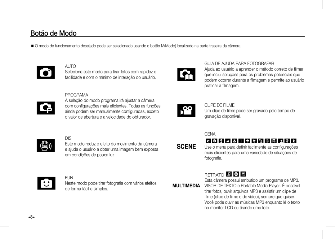 Samsung EC-I80ZZSBA/IN, EC-I80ZZSBA/FR manual Botão de Modo, Guia DE Ajuda Para Fotografar, Clipe DE Filme, Cena, Retrato 