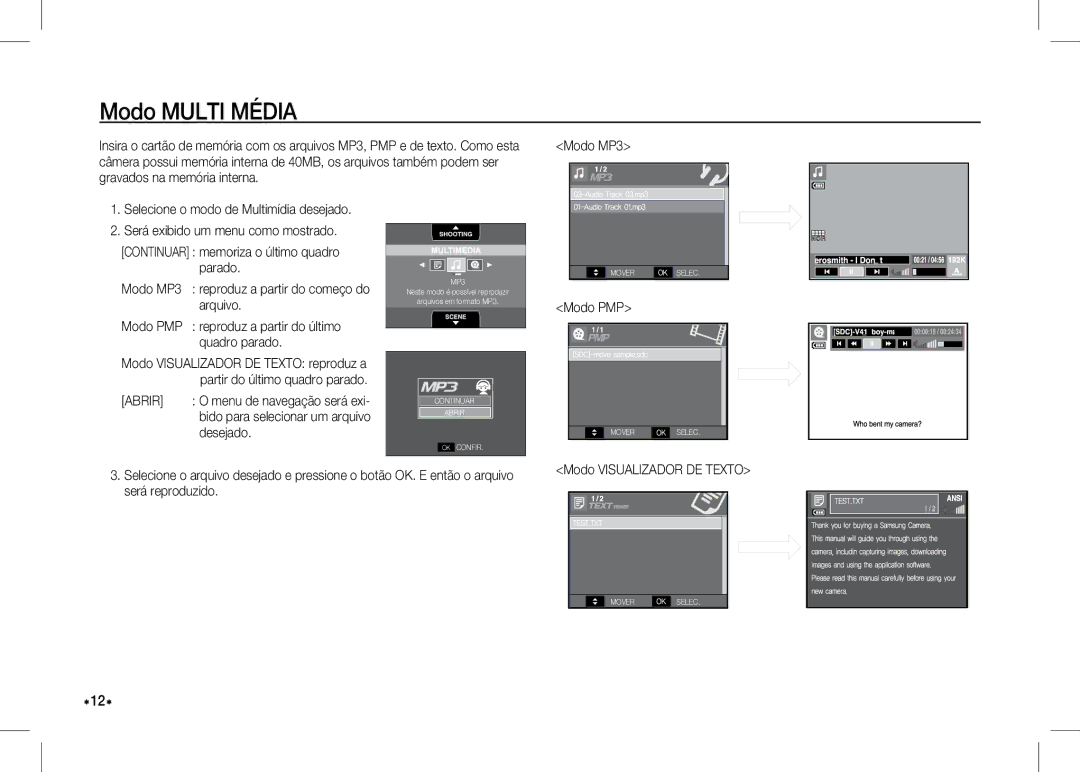 Samsung EC-I80ZZBBA/RU, EC-I80ZZSBA/FR, EC-I80ZZBBA/FR manual Modo MP3 Reproduz a partir do começo do, Modo PMP Arquivo 