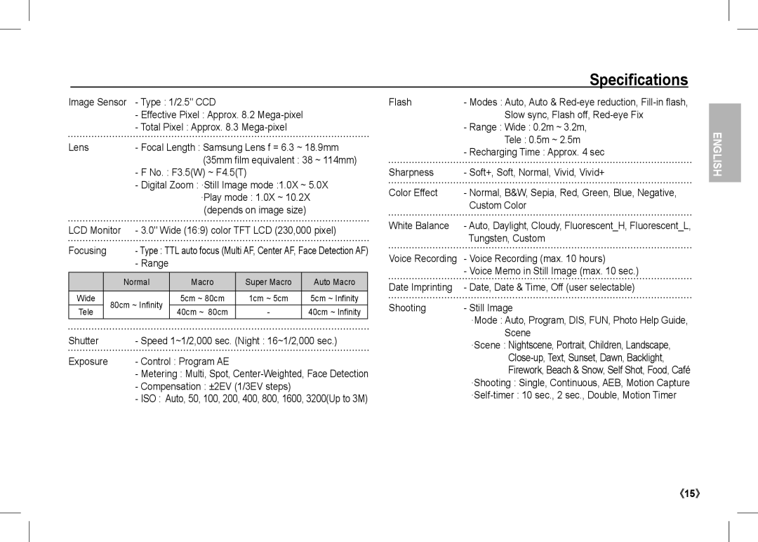 Samsung EC-I80ZZSBA/RU, EC-I80ZZSBA/FR, EC-I80ZZBBA/FR, EC-I80ZZSBA/E2, EC-I80ZZBBA/E2, EC-I80ZZBDA/E3 manual Specifications 