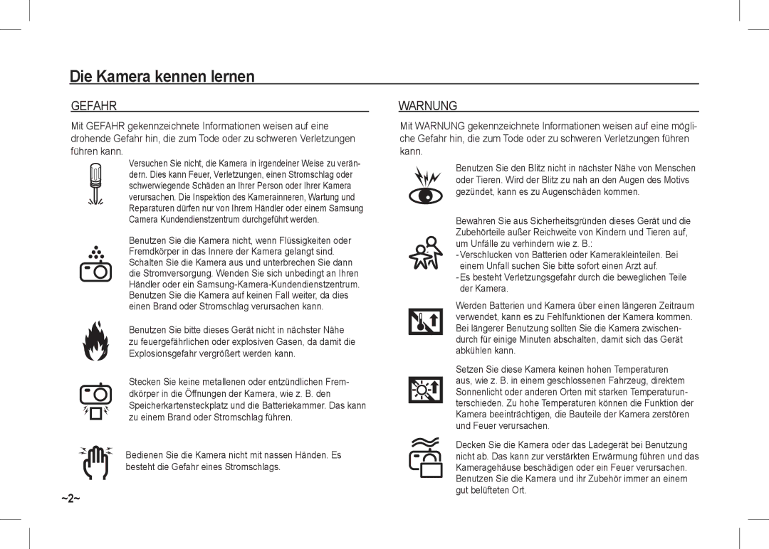 Samsung EC-I80ZZSBA/US, EC-I80ZZSBA/FR, EC-I80ZZBBA/FR, EC-I80ZZSBA/E2, EC-I80ZZBBA/E2, EC-I80ZZBDA/E3 manual Gefahr, Warnung 