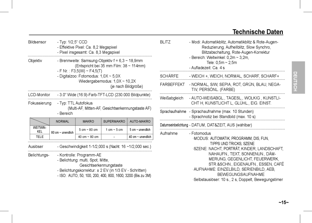 Samsung EC-I80ZZBDB/AS, EC-I80ZZSBA/FR, EC-I80ZZBBA/FR Technische Daten, Blitz, Schärfe, Farbeffekt, TIV, PERSÖNL. Farbe 