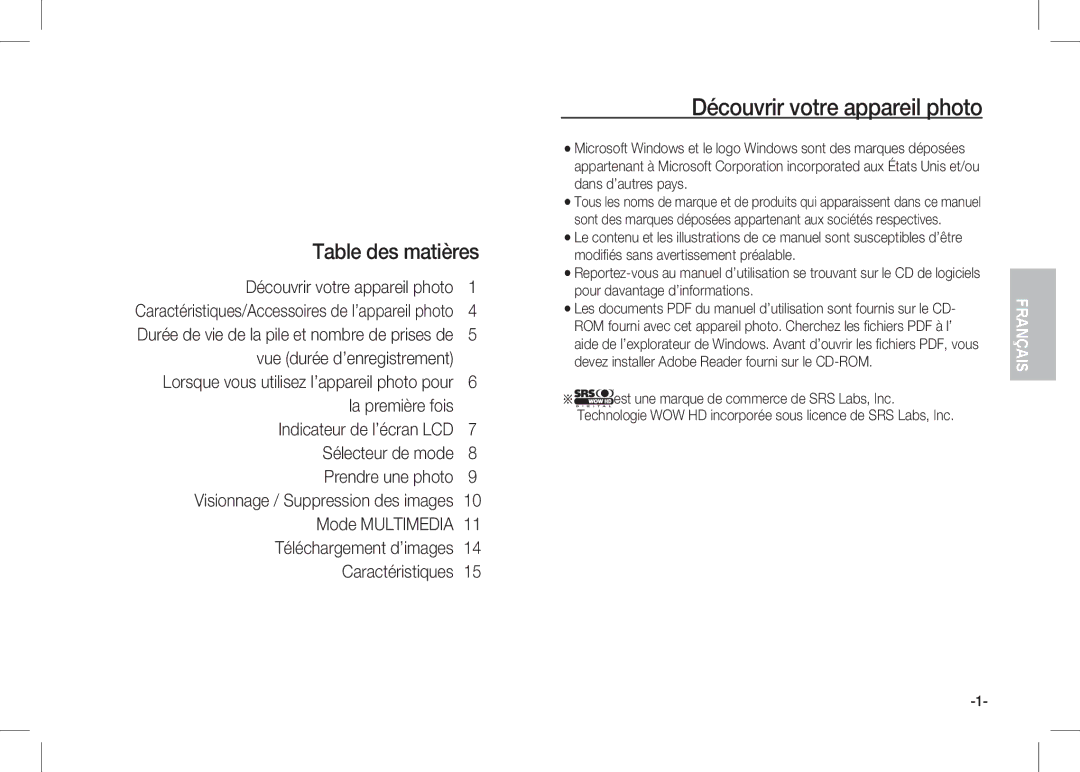 Samsung EC-I80ZZBBA/TR, EC-I80ZZSBA/FR, EC-I80ZZBBA/FR, EC-I80ZZSBA/E2 Découvrir votre appareil photo, Table des matières 