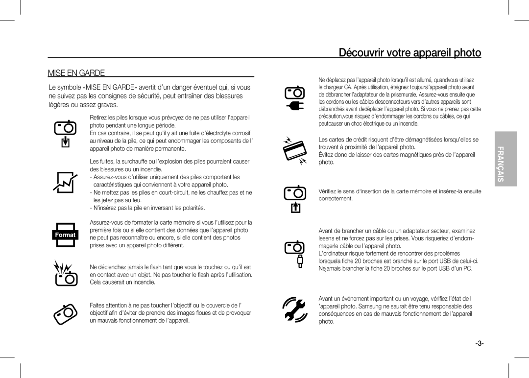 Samsung EC-I80ZZSBA/TW, EC-I80ZZSBA/FR, EC-I80ZZBBA/FR manual Mise EN Garde, Un mauvais fonctionnement de l’appareil Photo 