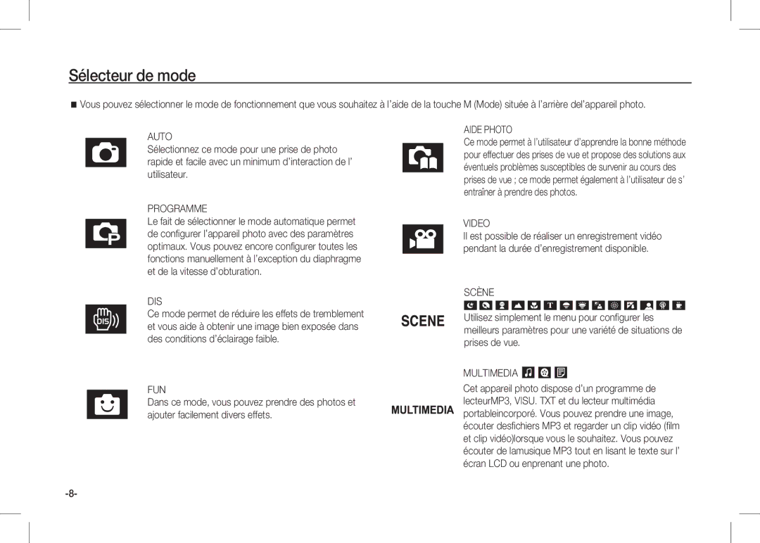 Samsung EC-I80ZZSDC/AS, EC-I80ZZSBA/FR, EC-I80ZZBBA/FR, EC-I80ZZSBA/E2 manual Sélecteur de mode, Programme, Video, Scène 