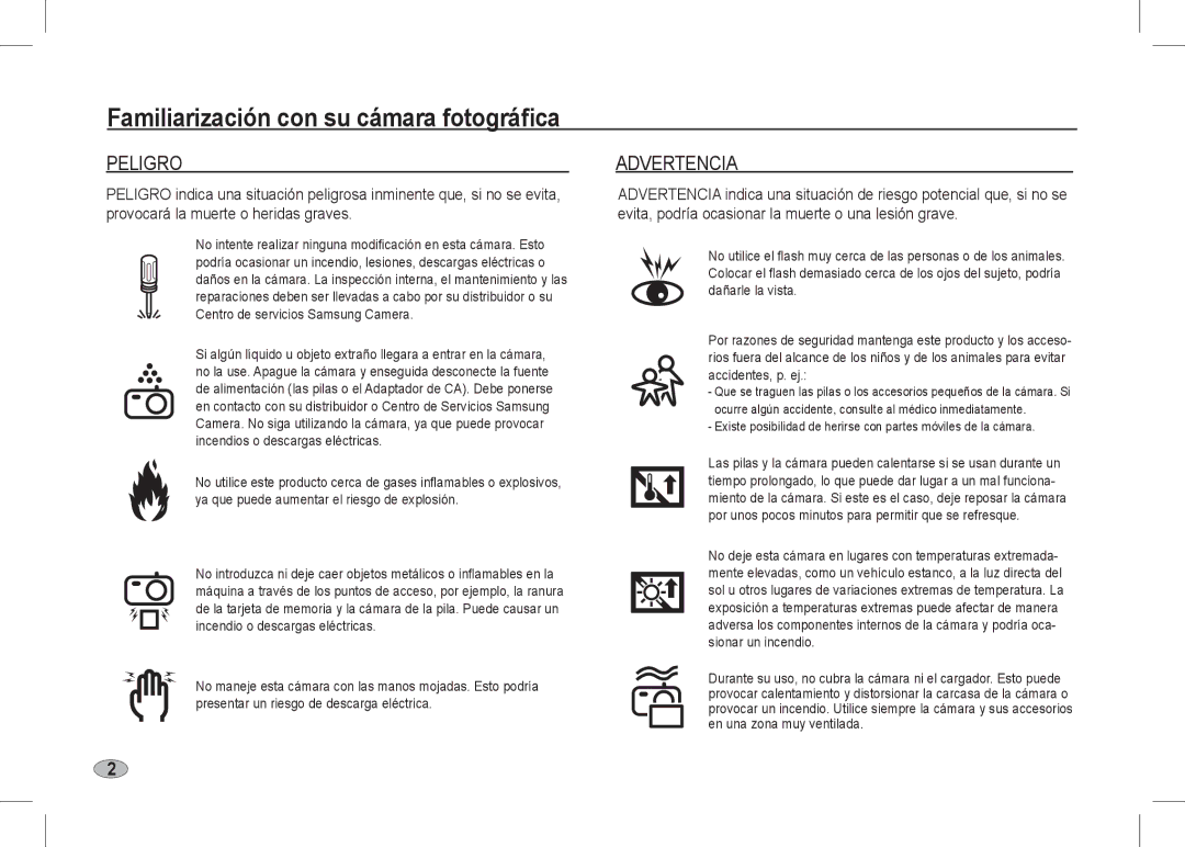 Samsung EC-I80ZZSBA/AS, EC-I80ZZSBA/FR, EC-I80ZZBBA/FR manual Familiarización con su cámara fotográfica, Peligro, Advertencia 
