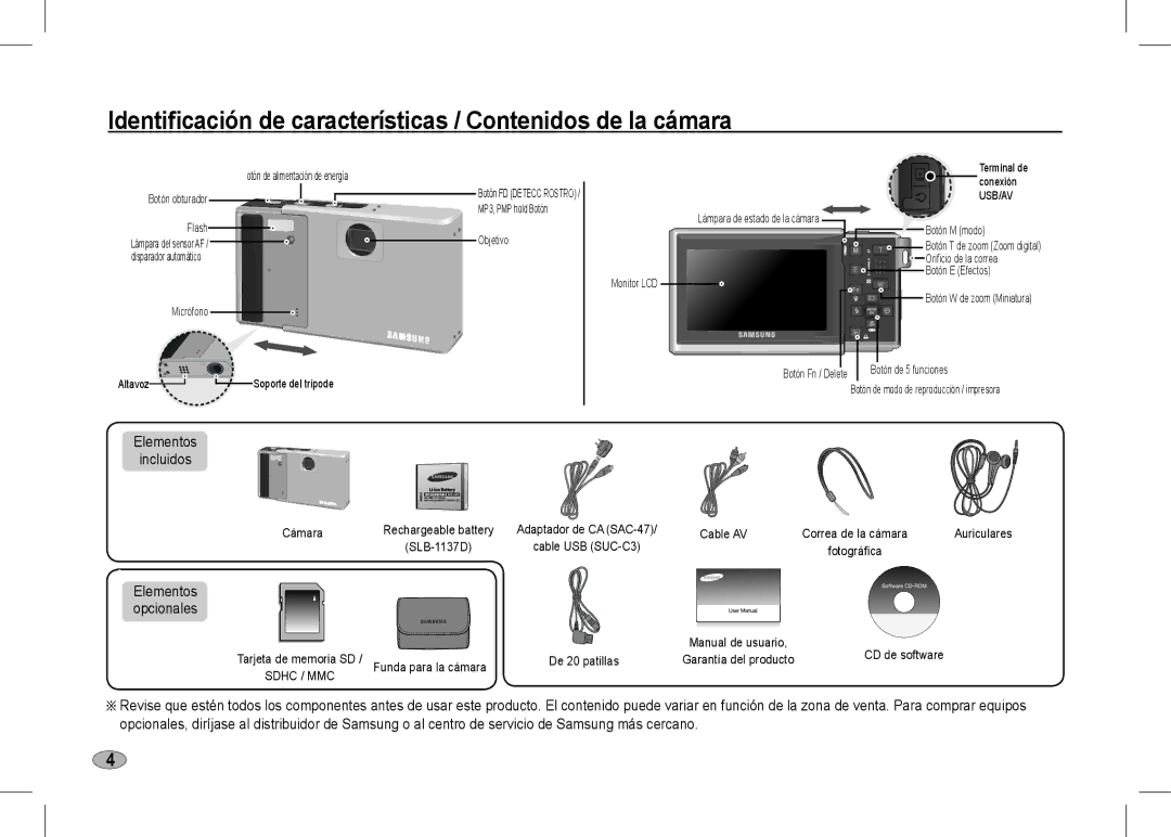 Samsung EC-I80ZZSBA/MX, EC-I80ZZSBA/FR Identificación de características / Contenidos de la cámara, Elementos Incluidos 