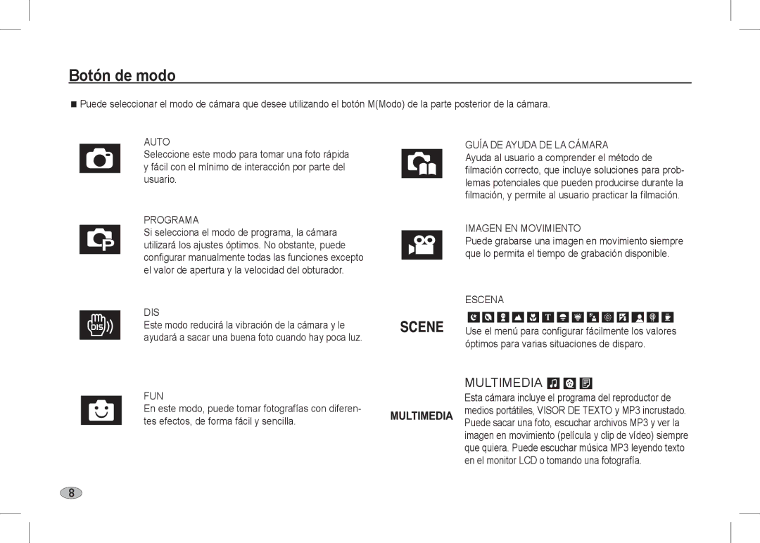 Samsung EC-I80ZZBBA/AR, EC-I80ZZSBA/FR, EC-I80ZZBBA/FR Botón de modo, Multimedia, Programa, Imagen EN Movimiento, Escena 