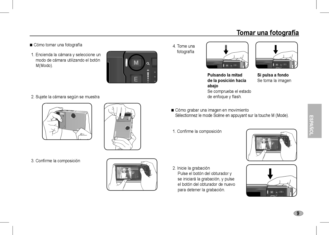 Samsung EC-I80ZZBBB/MX manual Tomar una fotografía, Pulsando la mitad, De la posición hacia, Abajo, De enfoque y flash 