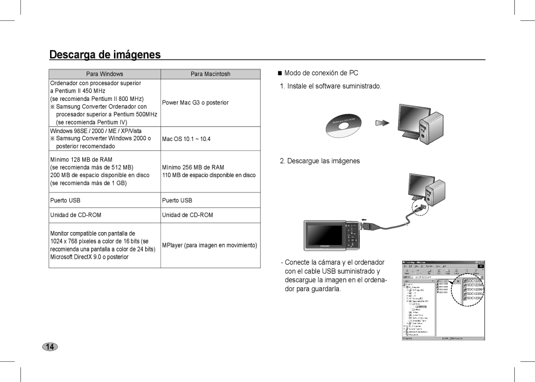 Samsung EC-I80ZZSDA/AS, EC-I80ZZSBA/FR, EC-I80ZZBAA Descarga de imágenes, Power Mac G3 o posterior, Se recomienda Pentium 