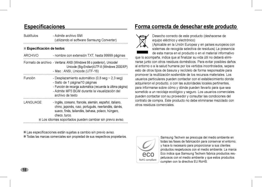 Samsung EC-I80ZZSBA/IN, EC-I80ZZBAA Forma correcta de desechar este producto, Especificación de textos, Archivo, Language 