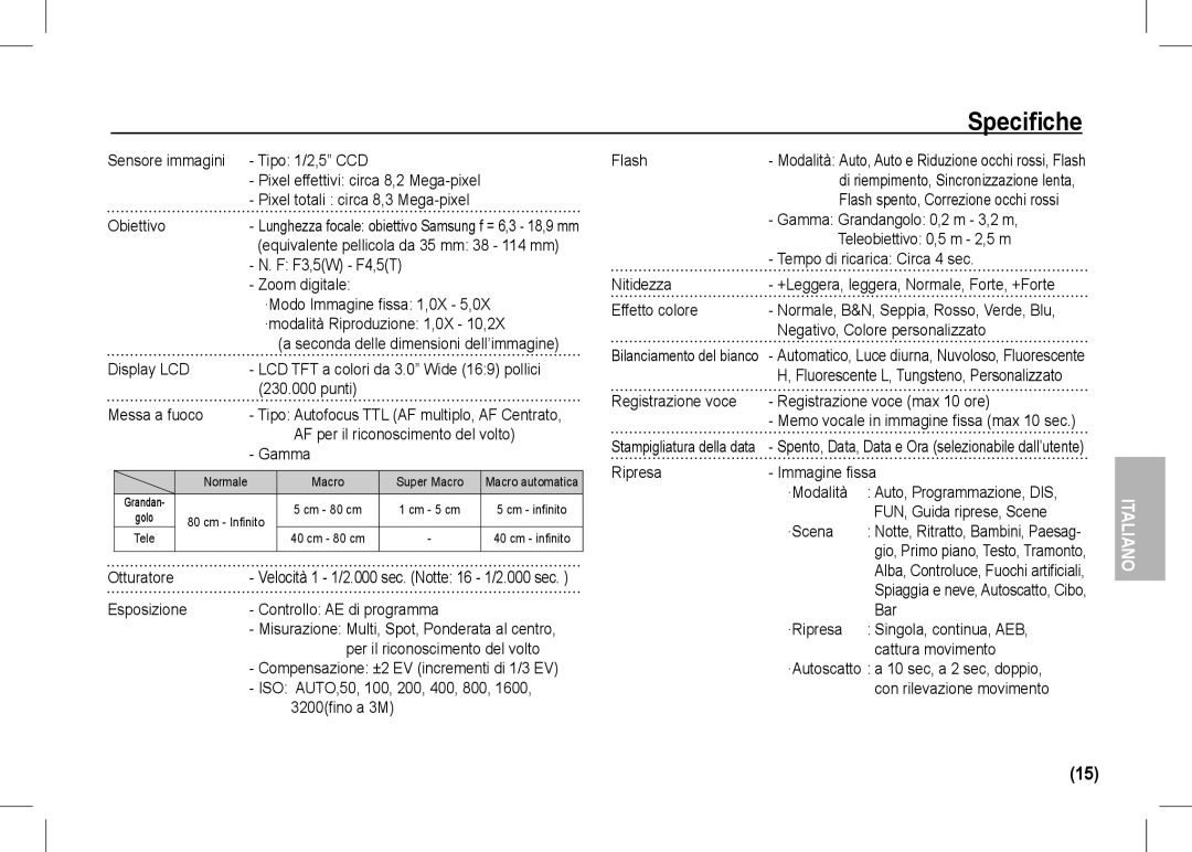 Samsung EC-I80ZZSBA/GB manual Sensore immagini Tipo 1/2,5 CCD Flash, Pixel effettivi circa 8,2 Mega-pixel, Obiettivo, Gamma 