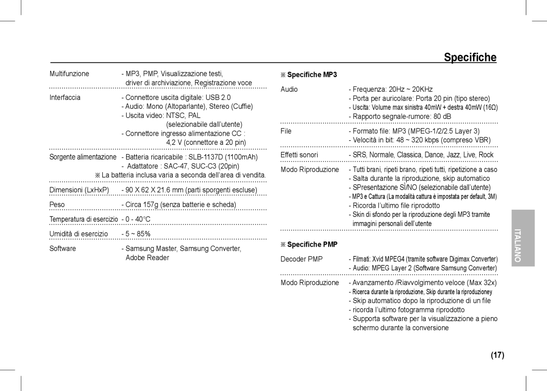 Samsung EC-I80ZZBBA/CA, EC-I80ZZSBA/FR, EC-I80ZZBBA/FR, EC-I80ZZSBA/E2, EC-I80ZZBBA/E2 manual Specifiche MP3, Specifiche PMP 