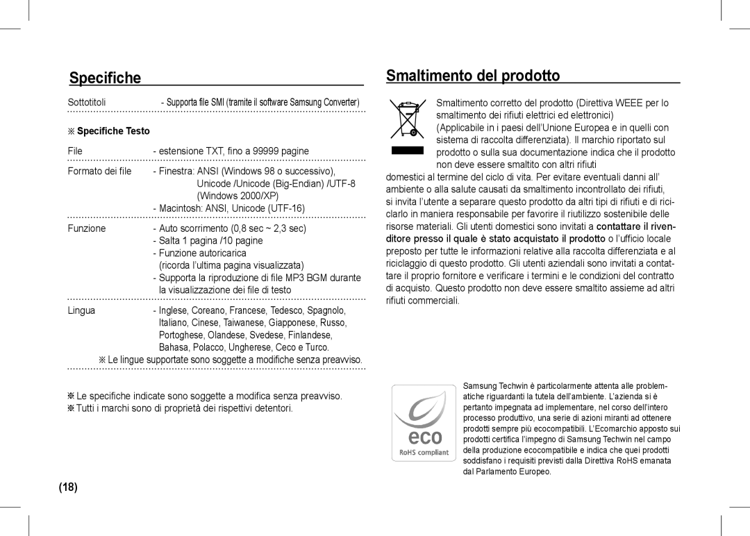 Samsung EC-I80ZZSDC/AS, EC-I80ZZSBA/FR, EC-I80ZZBBA/FR, EC-I80ZZSBA/E2 manual Smaltimento del prodotto, Specifiche Testo 