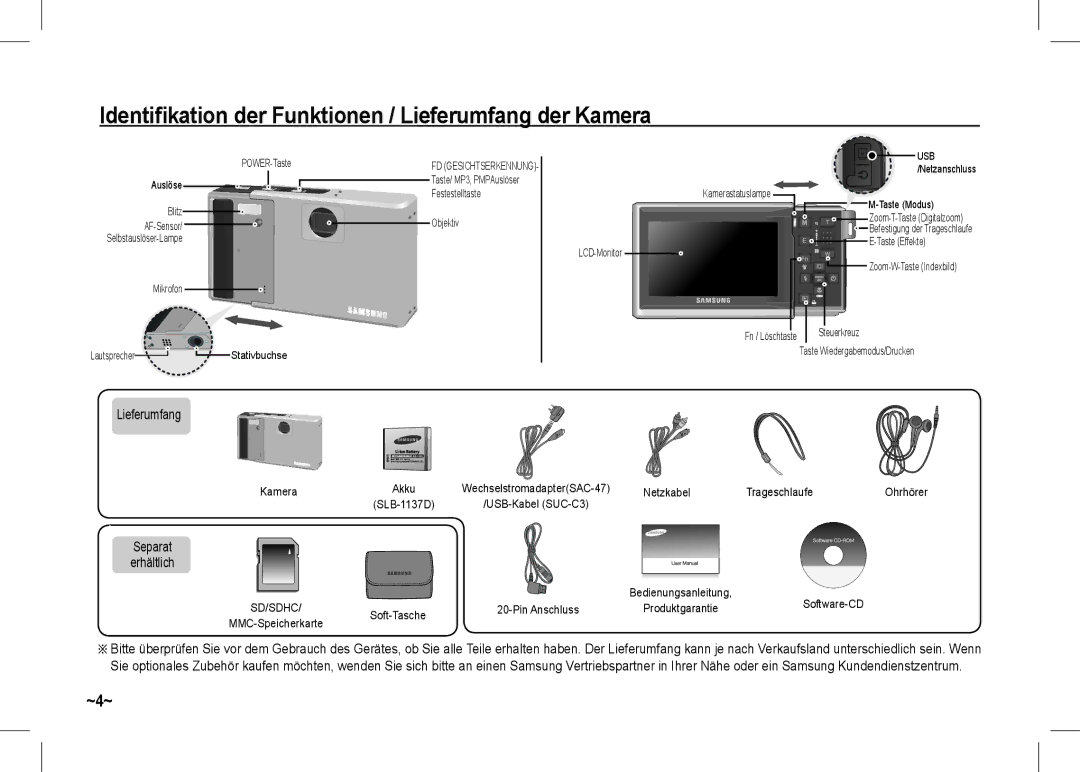 Samsung EC-I80ZZSDA/AS, EC-I80ZZSBA/FR manual Identifikation der Funktionen / Lieferumfang der Kamera, Separat Erhältlich 