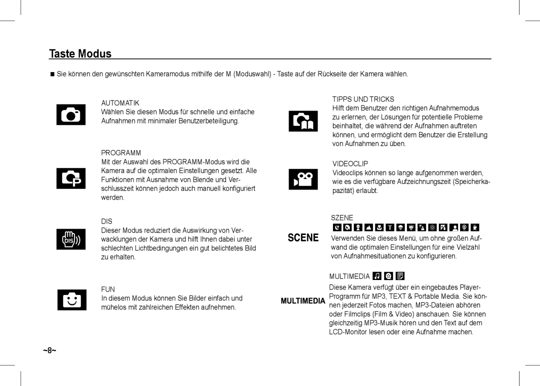 Samsung EC-I80ZZSBA/IN, EC-I80ZZSBA/FR, EC-I80ZZBBA/FR, EC-I80ZZSBA/E2 Taste Modus, Automatik, Programm, Videoclip, Szene 