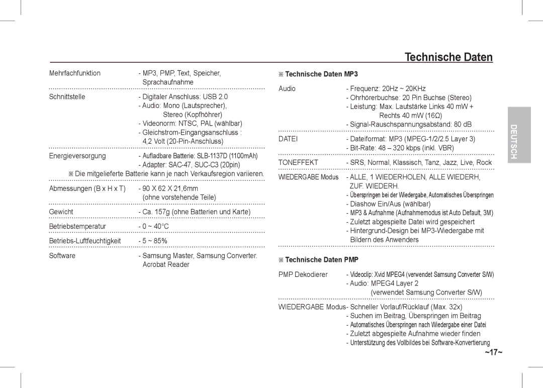 Samsung EC-I80ZZSDA/DE, EC-I80ZZSBA/FR manual Technische Daten MP3, Datei, Toneffekt, ZUF. Wiederh, Technische Daten PMP 