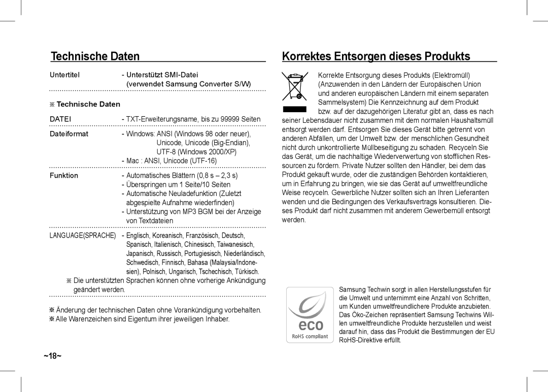 Samsung EC-I80ZZBBA/GB, EC-I80ZZSBA/FR, EC-I80ZZBBA/FR, EC-I80ZZSBA/E2 Korrektes Entsorgen dieses Produkts, Technische Daten 