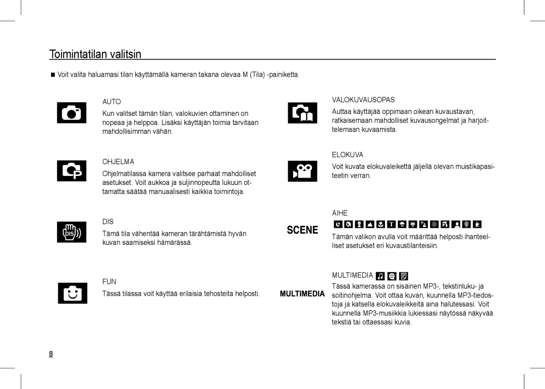 Samsung EC-I80ZZSDC/AS, EC-I80ZZSBA/FR, EC-I80ZZBBA/FR, EC-I80ZZSBA/E2 manual Toimintatilan valitsin, Ohjelma, Elokuva, Aihe 