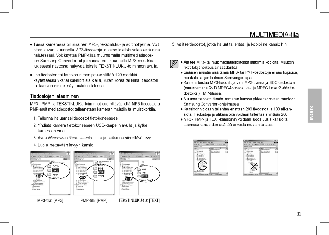 Samsung EC-I80ZZSBA/E2, EC-I80ZZSBA/FR manual MULTIMEDIA-tila, Luo siirrettävään levyyn kansio, MP3-tila MP3 PMP-tila PMP 