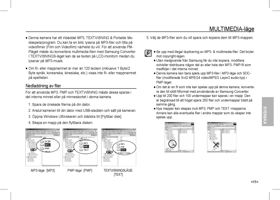 Samsung EC-I80ZZSAA, EC-I80ZZSBA/FR manual MULTIMEDIA-läge, Spara de önskade filerna på din dator, MP3-läge MP3 PMP-läge PMP 