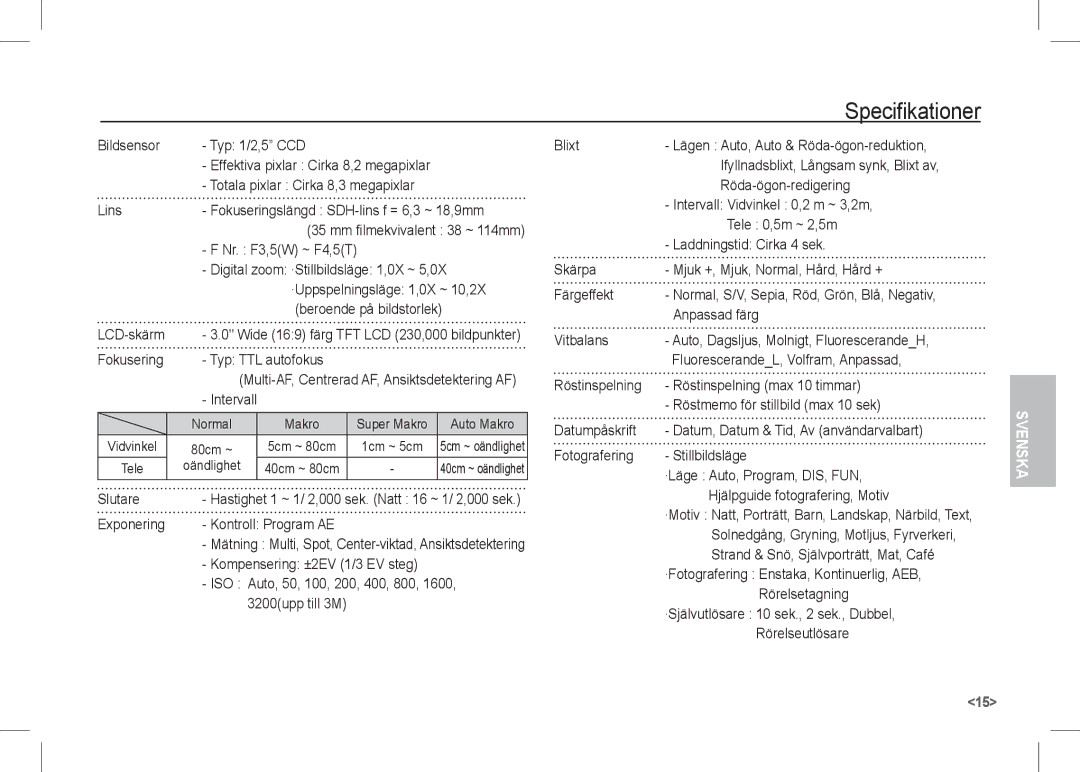 Samsung EC-I80ZZBBA/US, EC-I80ZZSBA/FR, EC-I80ZZBBA/FR, EC-I80ZZSBA/E2, EC-I80ZZBBA/E2, EC-I80ZZBDA/E3 manual Specifikationer 