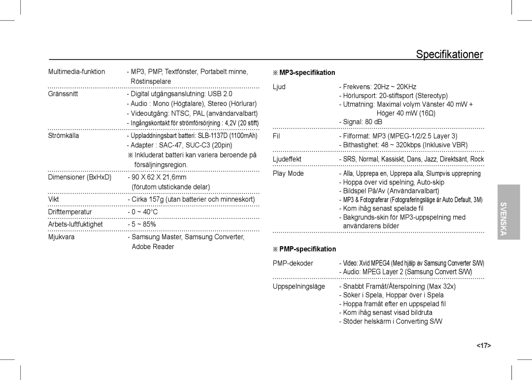 Samsung EC-I80ZZBBA/E1, EC-I80ZZSBA/FR, EC-I80ZZBBA/FR, EC-I80ZZSBA/E2, EC-I80ZZBBA/E2 MP3-specifikation, PMP-specifikation 