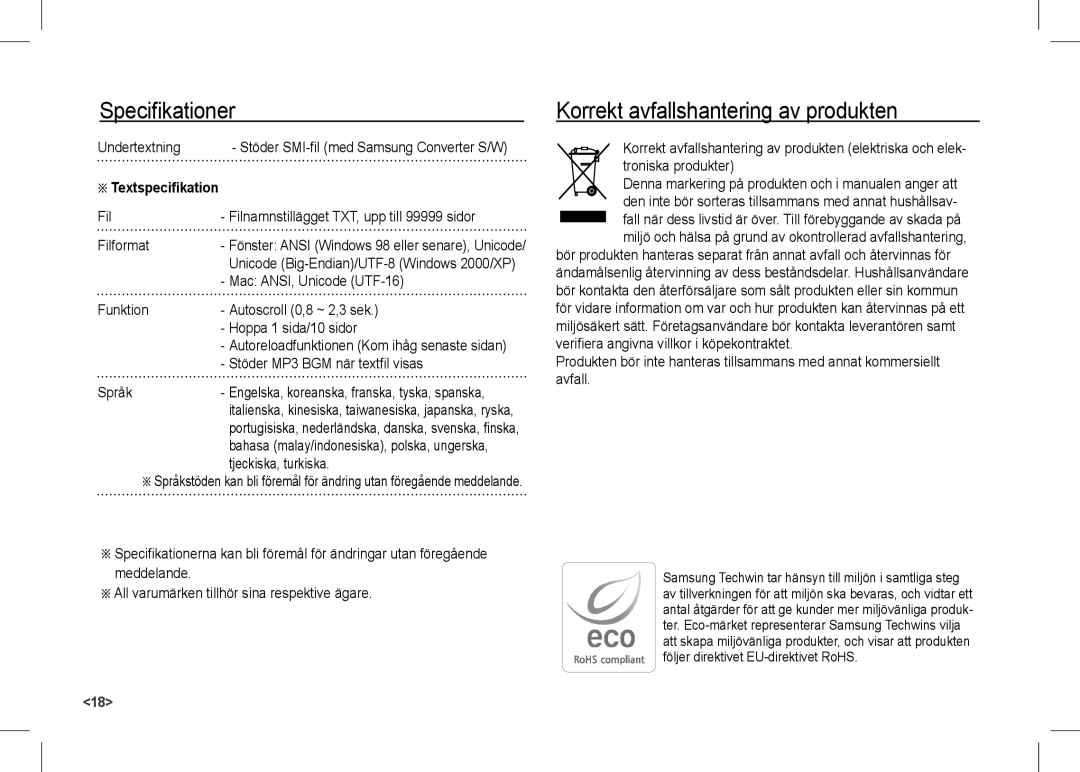 Samsung EC-I80ZZSBA/IN, EC-I80ZZSBA/FR, EC-I80ZZBBA/FR, EC-I80ZZBAA Korrekt avfallshantering av produkten, Textspecifikation 