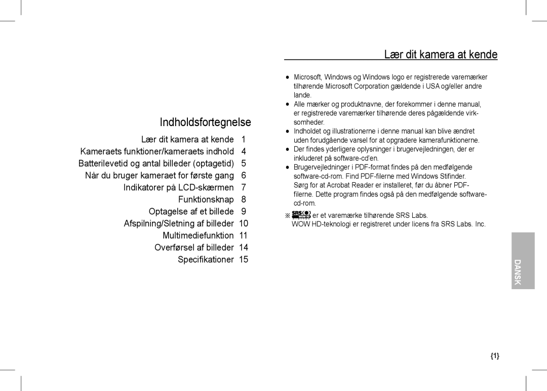 Samsung EC-I80ZZBBA/MX, EC-I80ZZSBA/FR, EC-I80ZZBBA/FR, EC-I80ZZSBA/E2 manual Indholdsfortegnelse, Lær dit kamera at kende 