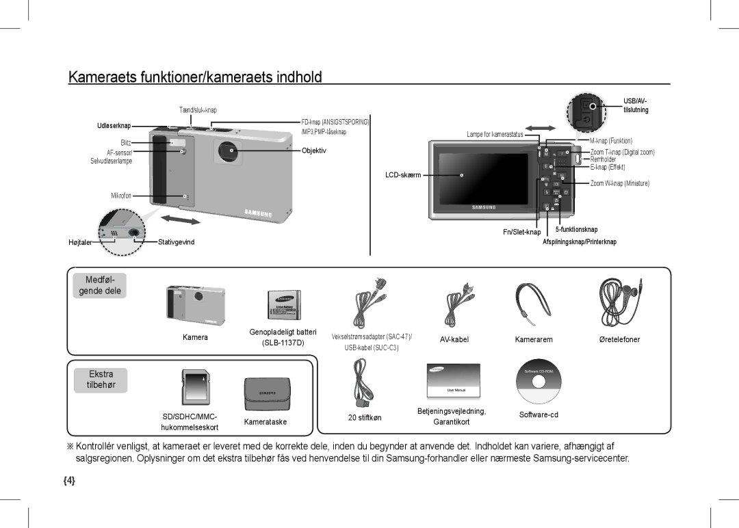 Samsung EC-I80ZZBDA/DE, EC-I80ZZSBA/FR manual Kameraets funktioner/kameraets indhold, Medføl Gende dele, Ekstra Tilbehør 