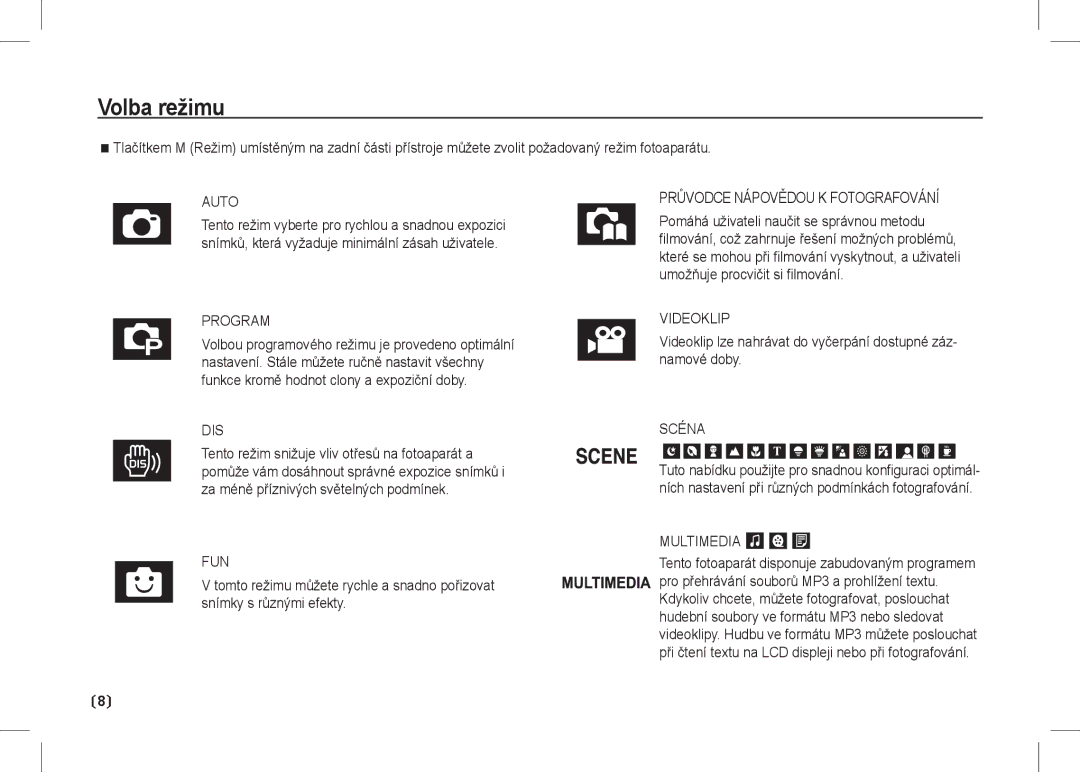 Samsung EC-I80ZZBBA/IT, EC-I80ZZSBA/FR, EC-I80ZZBBA/FR, EC-I80ZZSBA/E2, EC-I80ZZBBA/E2 manual Volba režimu, Videoklip, Scéna 