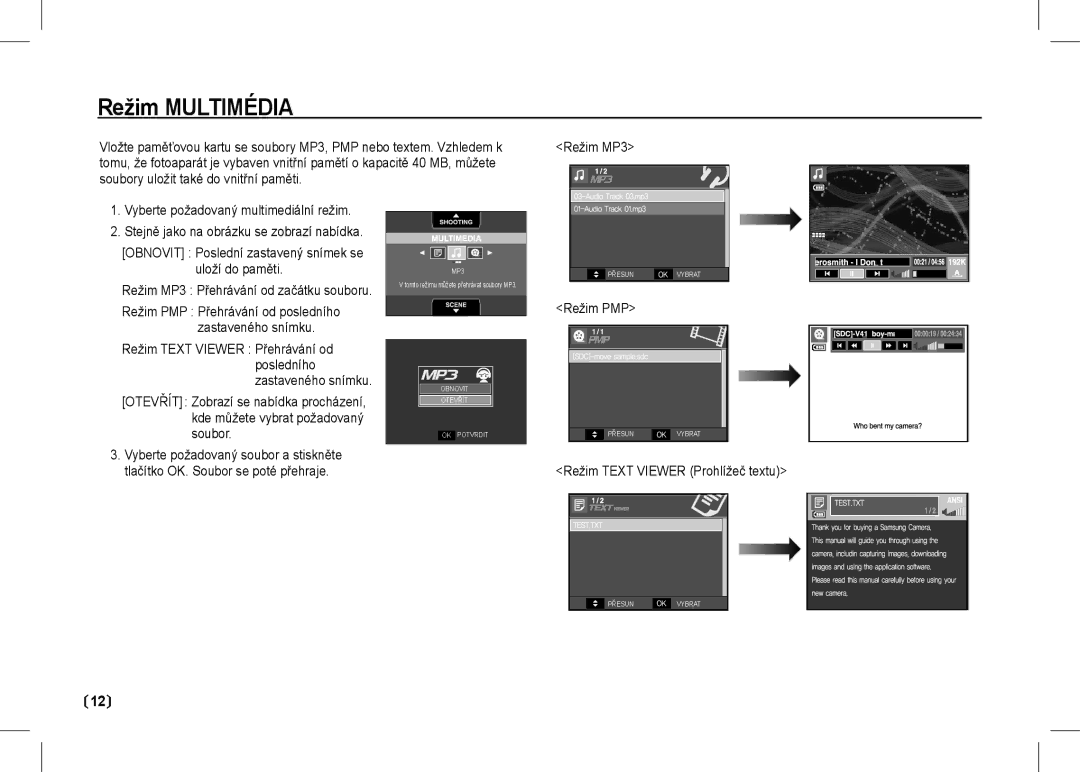 Samsung EC-I80ZZSBA/AS, EC-I80ZZSBA/FR, EC-I80ZZBBA/FR, EC-I80ZZSBA/E2 manual Režim PMP, Režim Text Viewer Prohlížeč textu 