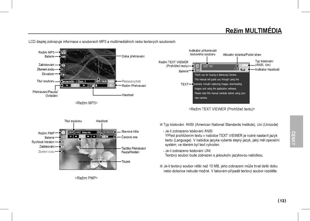 Samsung EC-I80ZZSBA/AU, EC-I80ZZSBA/FR manual Režim MP3 Režim Text Viewer Prohlížeč textu, Je-li zobrazeno kódování Ansi 