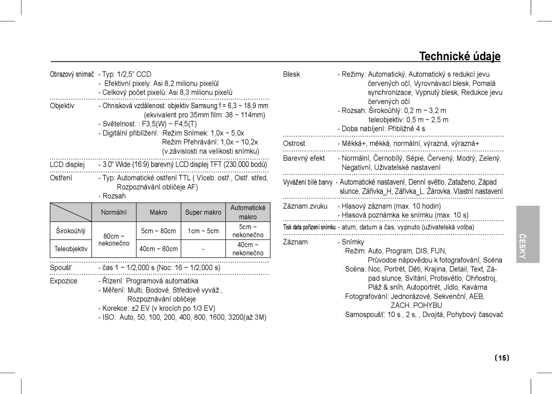 Samsung EC-I80ZZSBA/RU, EC-I80ZZSBA/FR, EC-I80ZZBBA/FR, EC-I80ZZSBA/E2, EC-I80ZZBBA/E2 manual Technické údaje, ZACH. Pohybu 